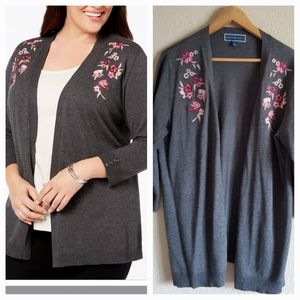 Karen Scott Gray Floral Embroidered Open Front Cardigan Sweater
